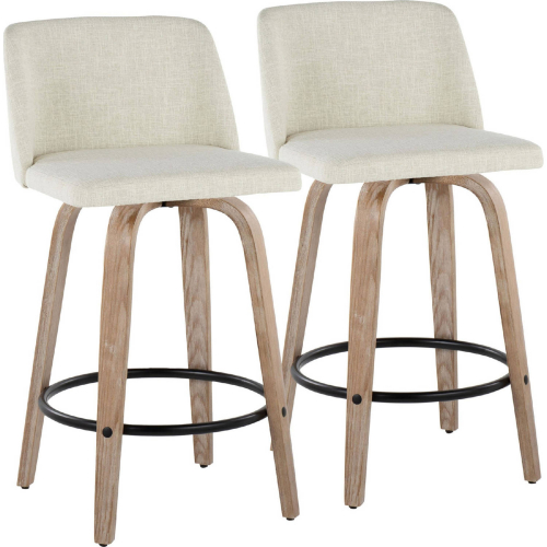 Toriano 26" Swivel Counter Stool in White Washed Wood & Cream Fabric w/ Black Footrest (Set of 2)